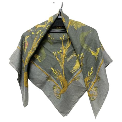 HERMES Lintrus Silk Scarf Carre 90 Khaki Unisex Fashion 